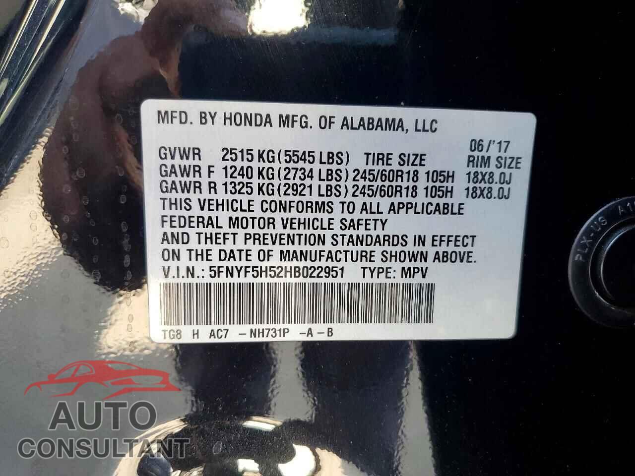 HONDA PILOT 2017 - 5FNYF5H52HB022951
