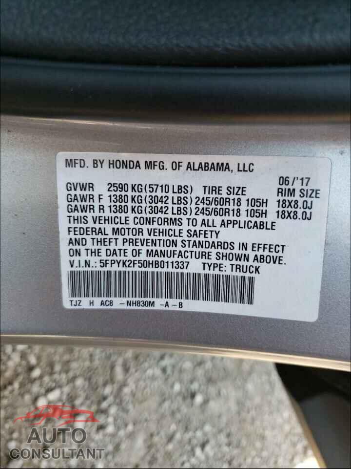HONDA RIDGELINE 2017 - 5FPYK2F50HB011337