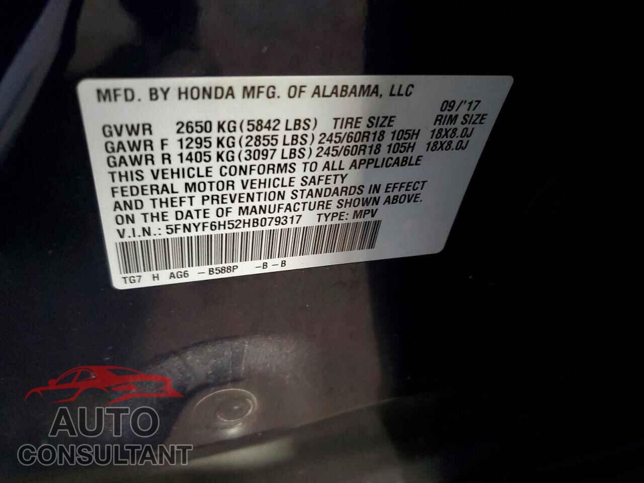 HONDA PILOT 2017 - 5FNYF6H52HB079317