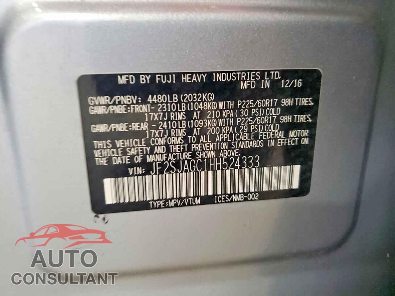 SUBARU FORESTER 2017 - JF2SJAGC1HH524333