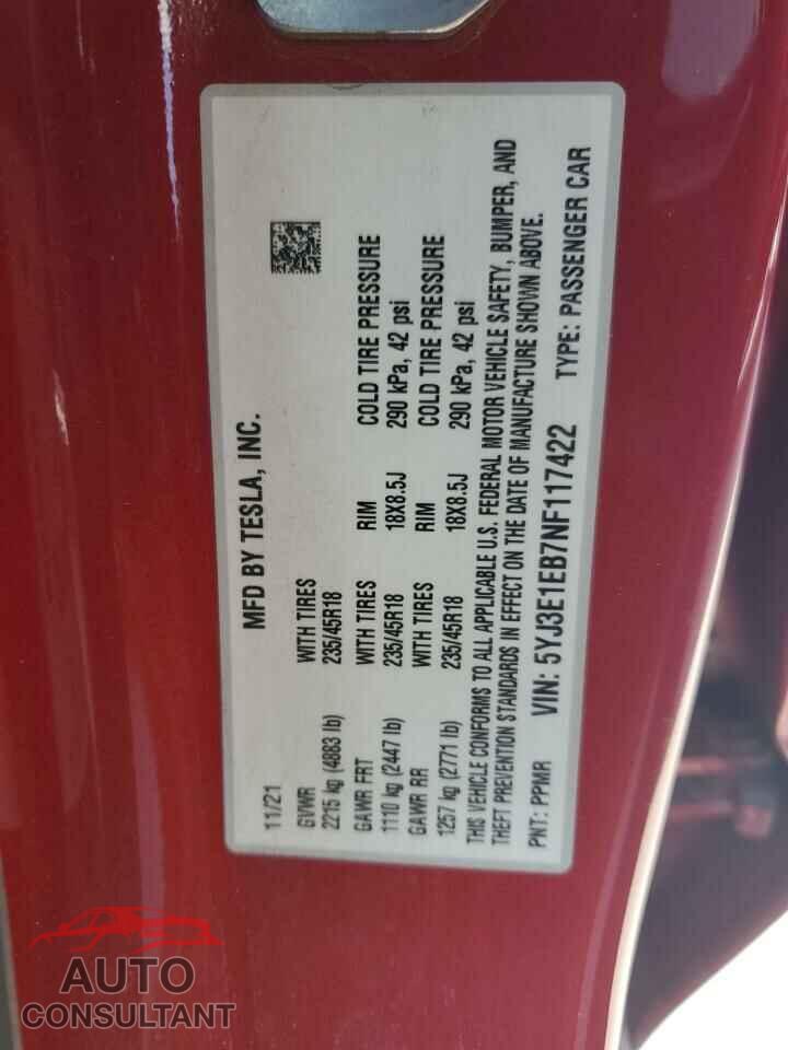 TESLA MODEL 3 2022 - 5YJ3E1EB7NF117422