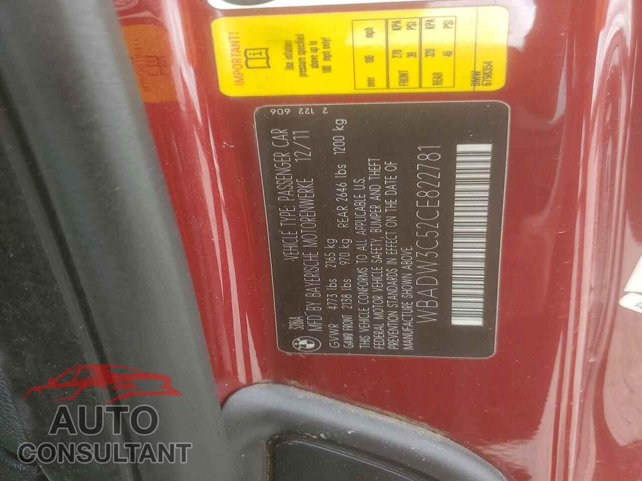 BMW 3 SERIES 2012 - WBADW3C52CE822781