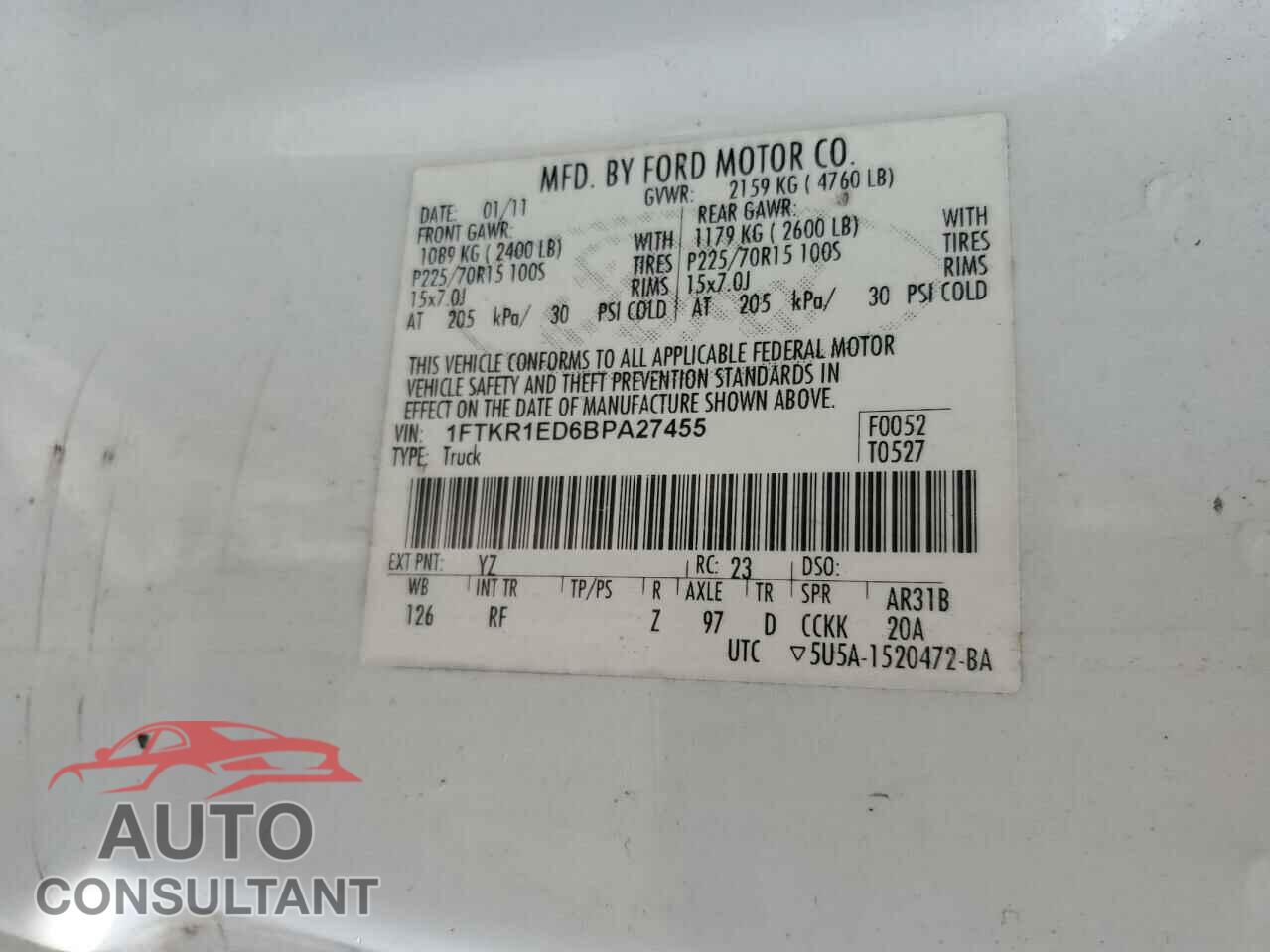 FORD RANGER 2011 - 1FTKR1ED6BPA27455