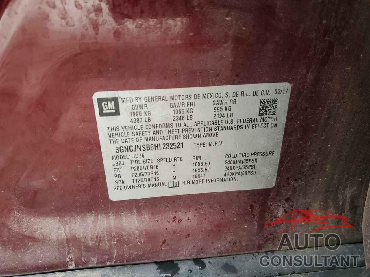 CHEVROLET TRAX 2017 - 3GNCJNSB8HL232521