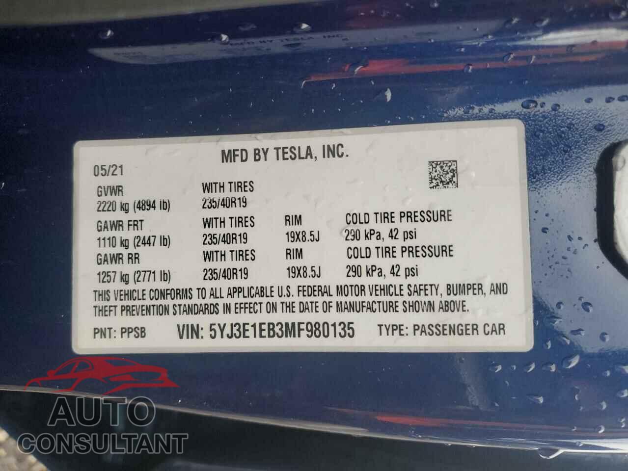 TESLA MODEL 3 2021 - 5YJ3E1EB3MF980135