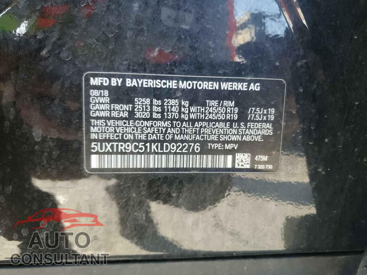 BMW X3 2019 - 5UXTR9C51KLD92276