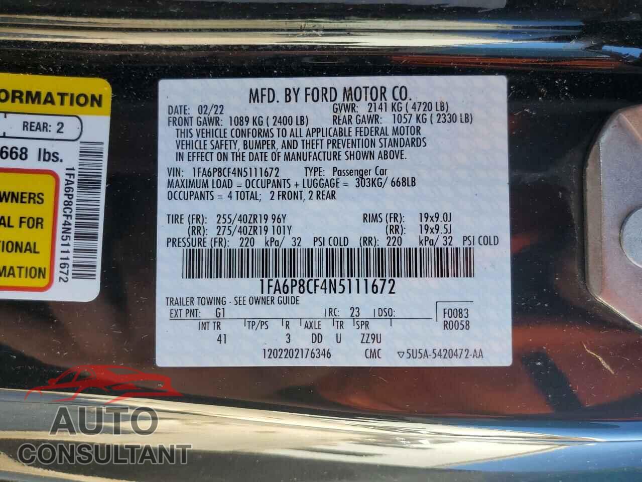 FORD MUSTANG 2022 - 1FA6P8CF4N5111672