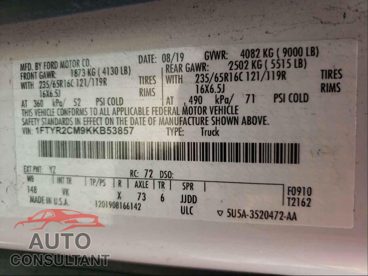 FORD TRANSIT CO 2019 - 1FTYR2CM9KKB53857