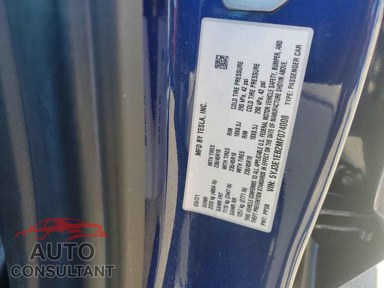 TESLA MODEL 3 2021 - 5YJ3E1EB2MF074008
