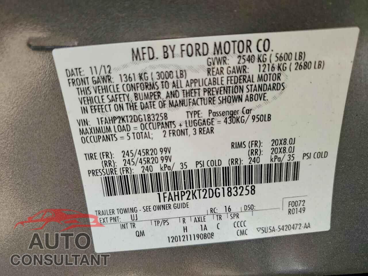 FORD TAURUS 2013 - 1FAHP2KT2DG183258