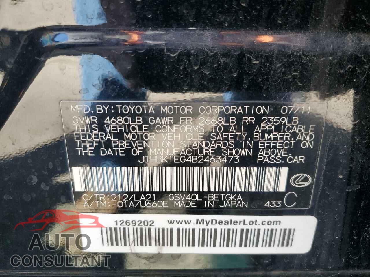 LEXUS ES350 2011 - JTHBK1EG4B2463473