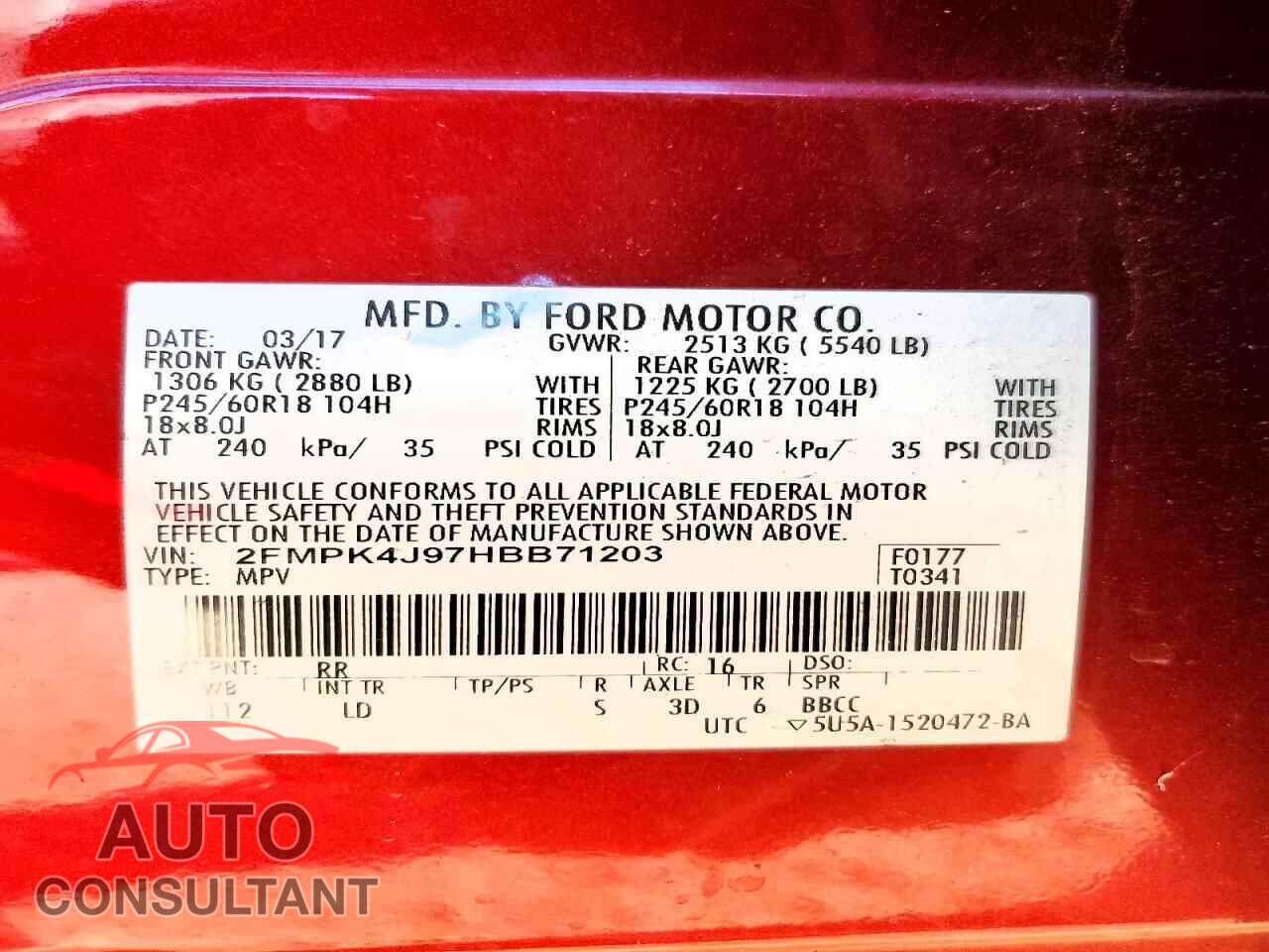 FORD EDGE 2017 - 2FMPK4J97HBB71203