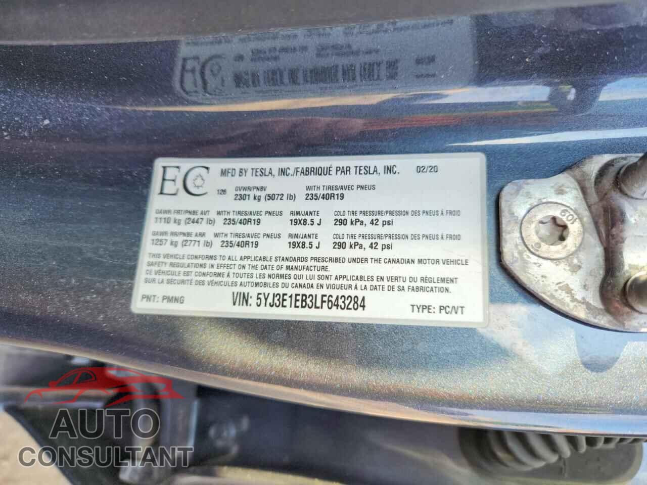 TESLA MODEL 3 2020 - 5YJ3E1EB3LF643284