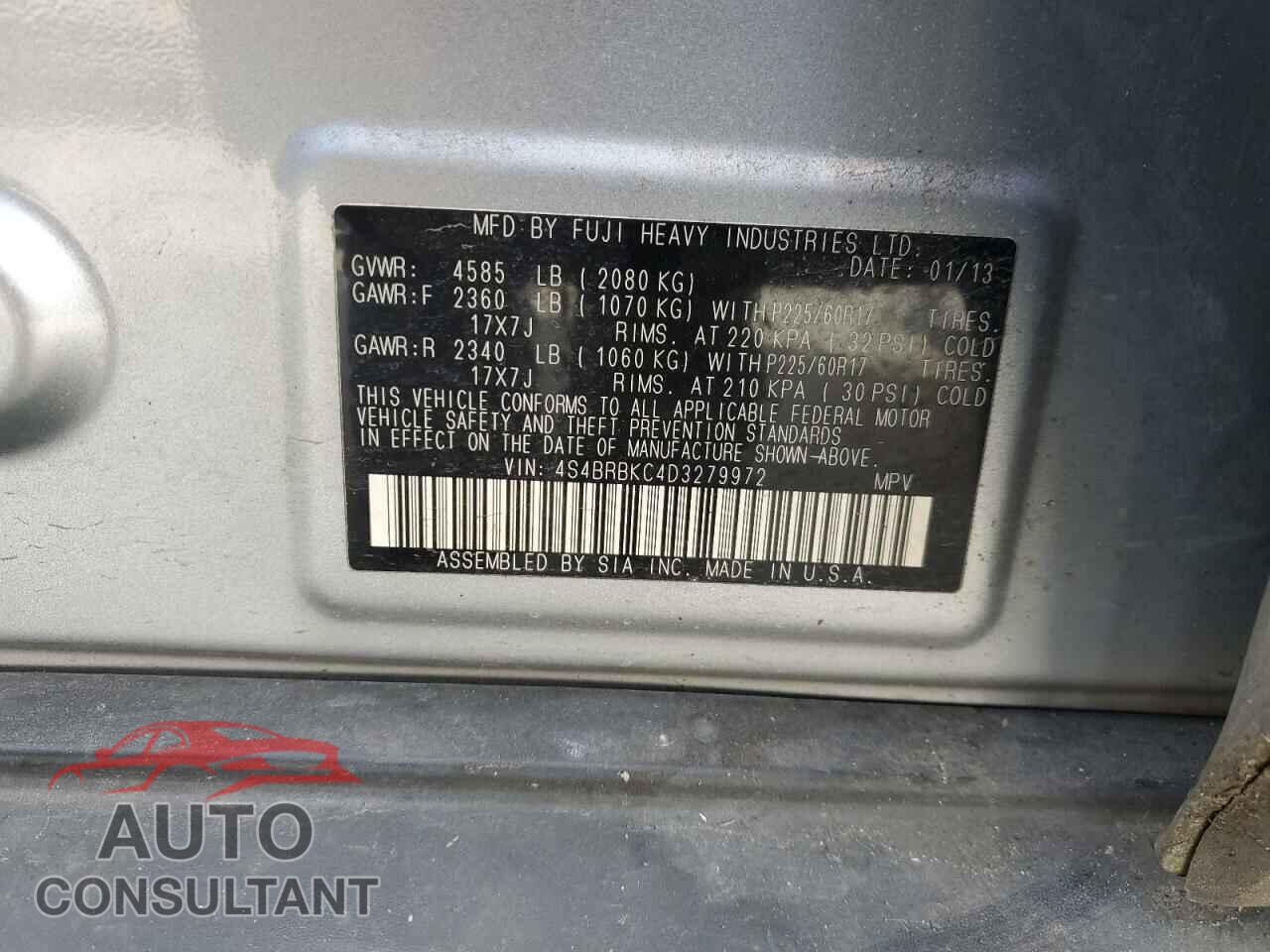 SUBARU OUTBACK 2013 - 4S4BRBKC4D3279972