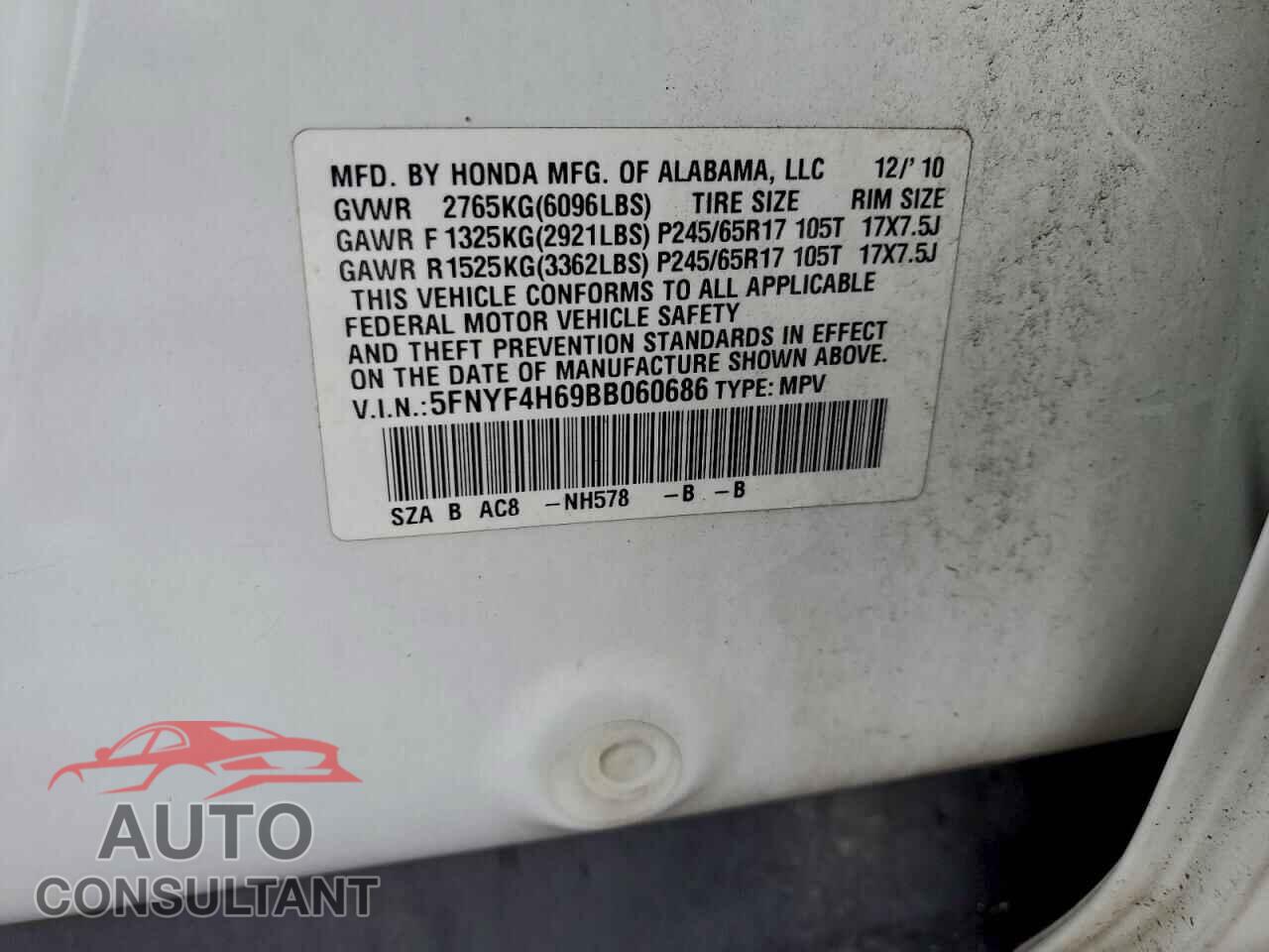 HONDA PILOT 2011 - 5FNYF4H69BB060686