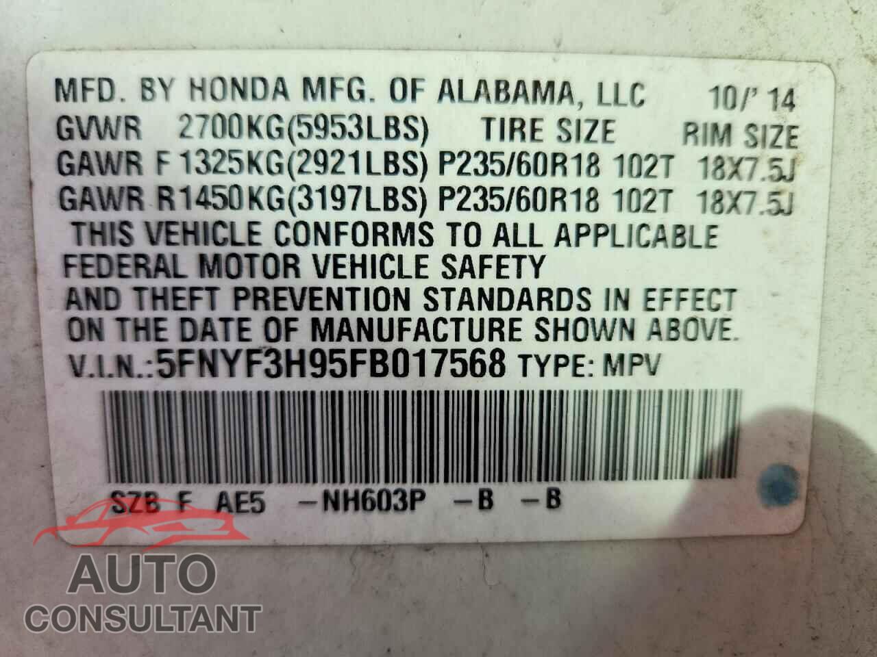 HONDA PILOT 2015 - 5FNYF3H95FB017568