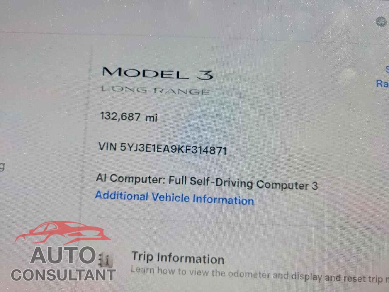 TESLA MODEL 3 2019 - 5YJ3E1EA9KF314871