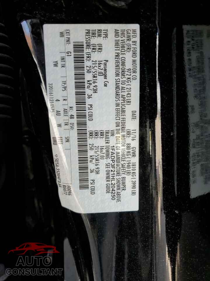 FORD FOCUS 2017 - 1FADP3F21HL204250