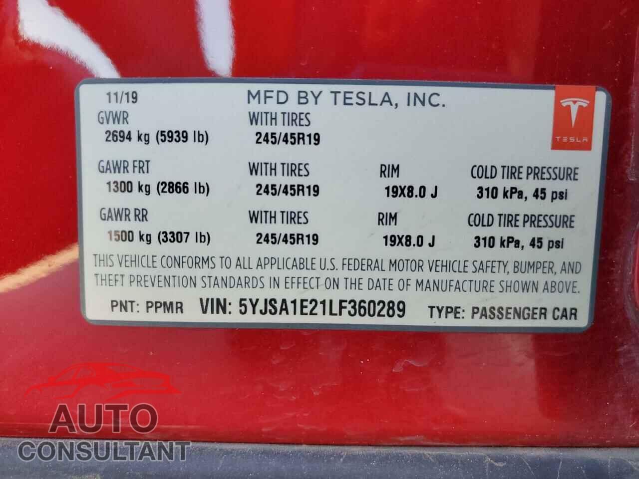 TESLA MODEL S 2020 - 5YJSA1E21LF360289