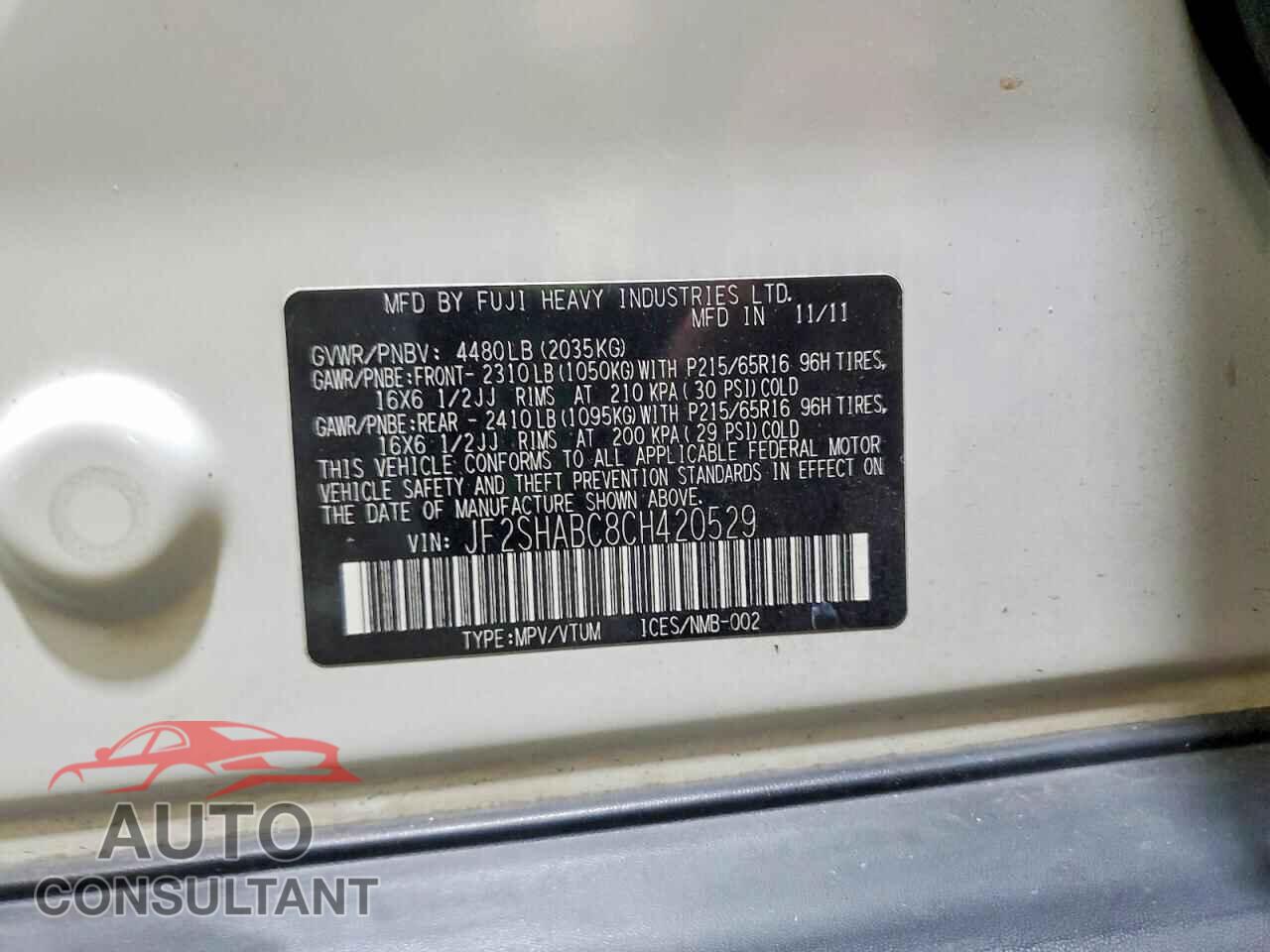 SUBARU FORESTER 2012 - JF2SHABC8CH420529