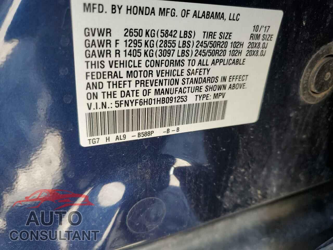 HONDA PILOT 2017 - 5FNYF6H01HB091253