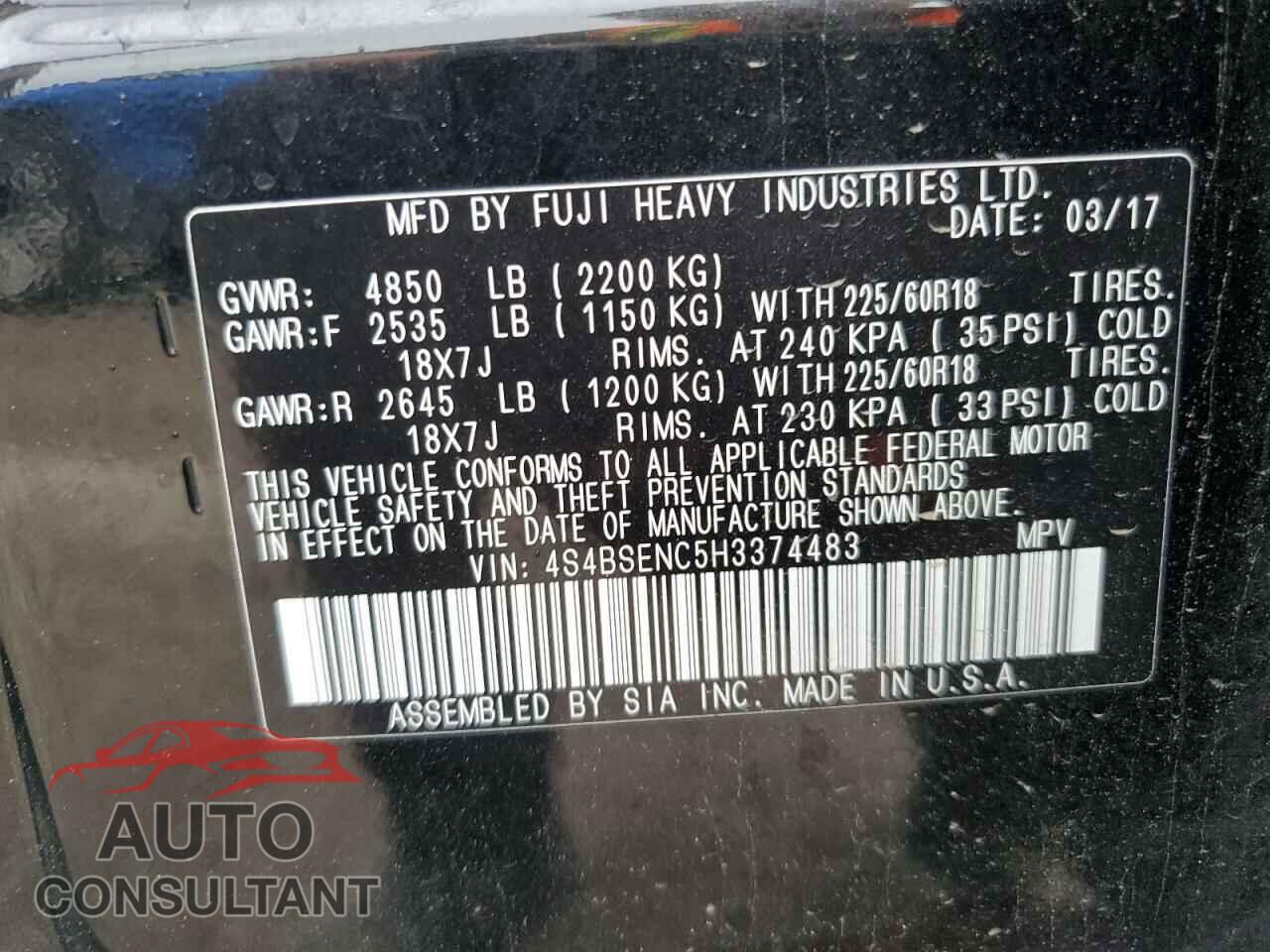 SUBARU OUTBACK 2017 - 4S4BSENC5H3374483