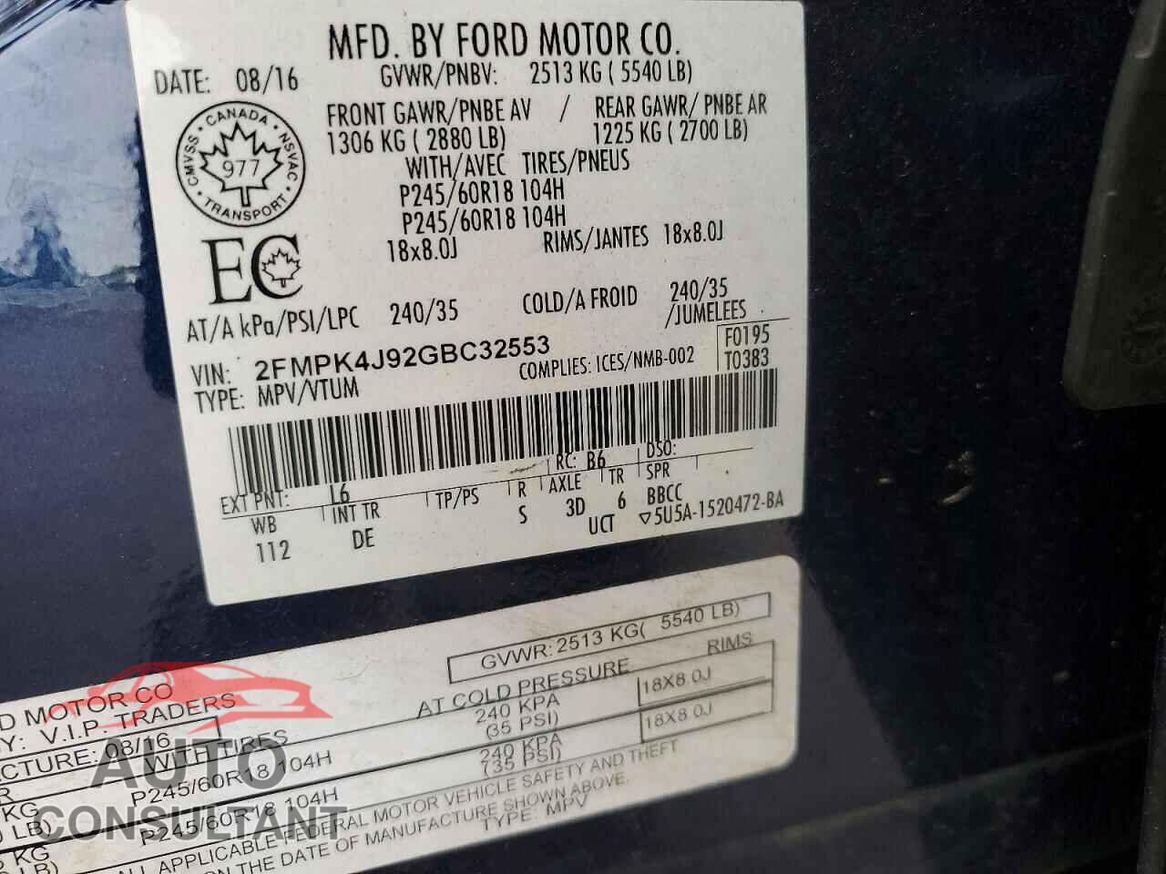 FORD EDGE 2016 - 2FMPK4J92GBC32553