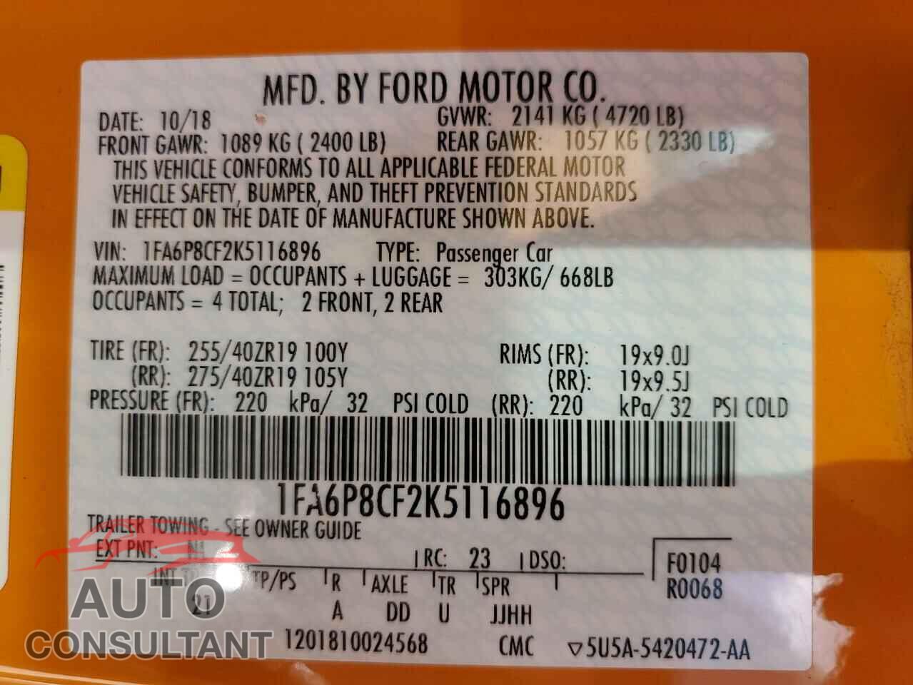 FORD MUSTANG 2019 - 1FA6P8CF2K5116896
