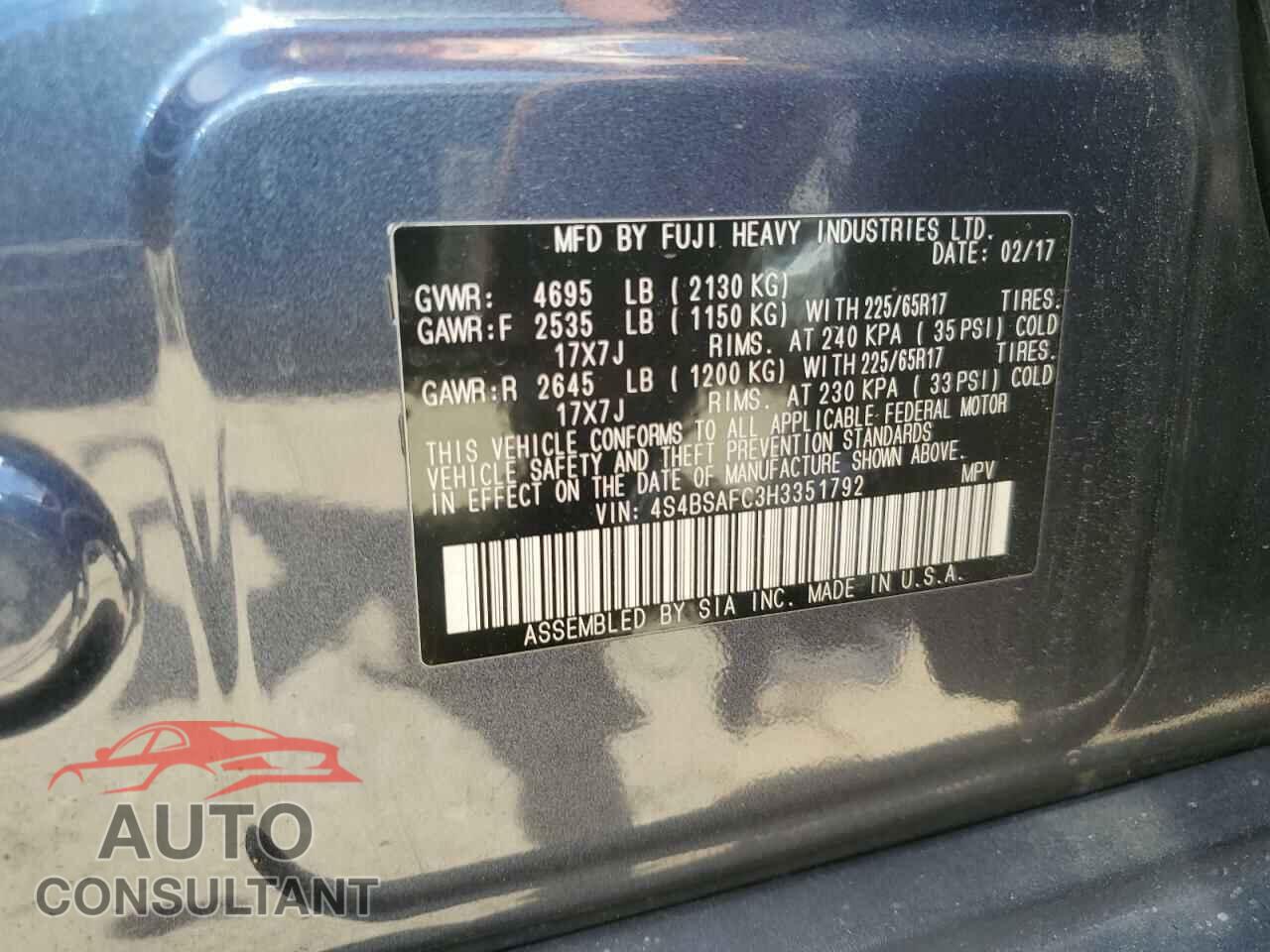 SUBARU OUTBACK 2017 - 4S4BSAFC3H3351792