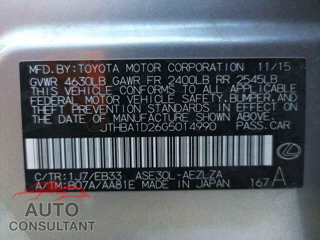 LEXUS IS 2016 - JTHBA1D26G5014990