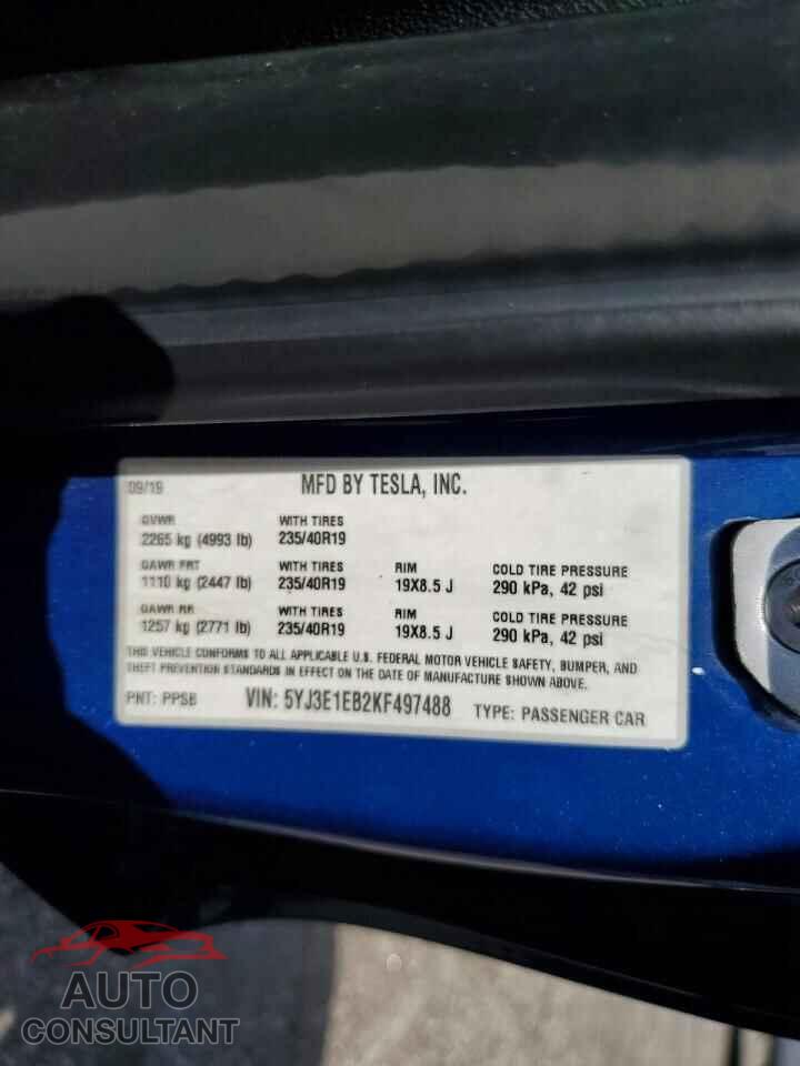 TESLA MODEL 3 2019 - 5YJ3E1EB2KF497488