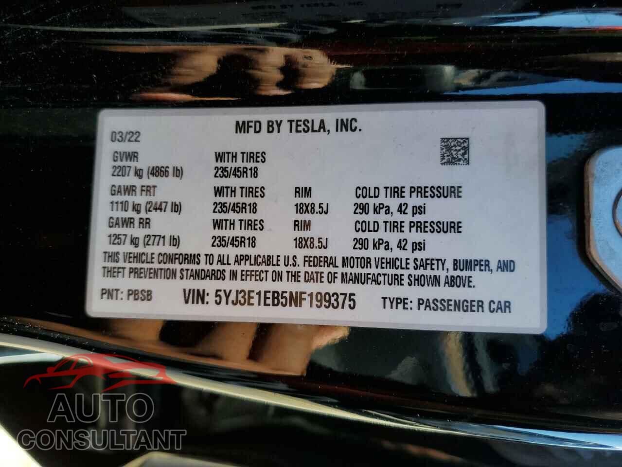 TESLA MODEL 3 2022 - 5YJ3E1EB5NF199375