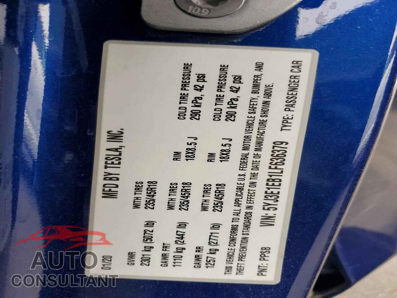 TESLA MODEL 3 2020 - 5YJ3E1EB1LF636379