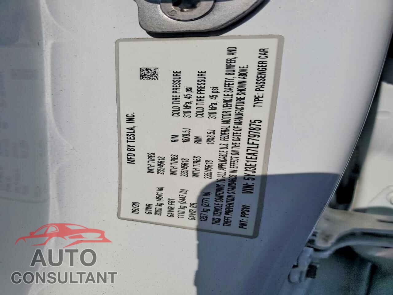 TESLA MODEL 3 2020 - 5YJ3E1EA7LF797875