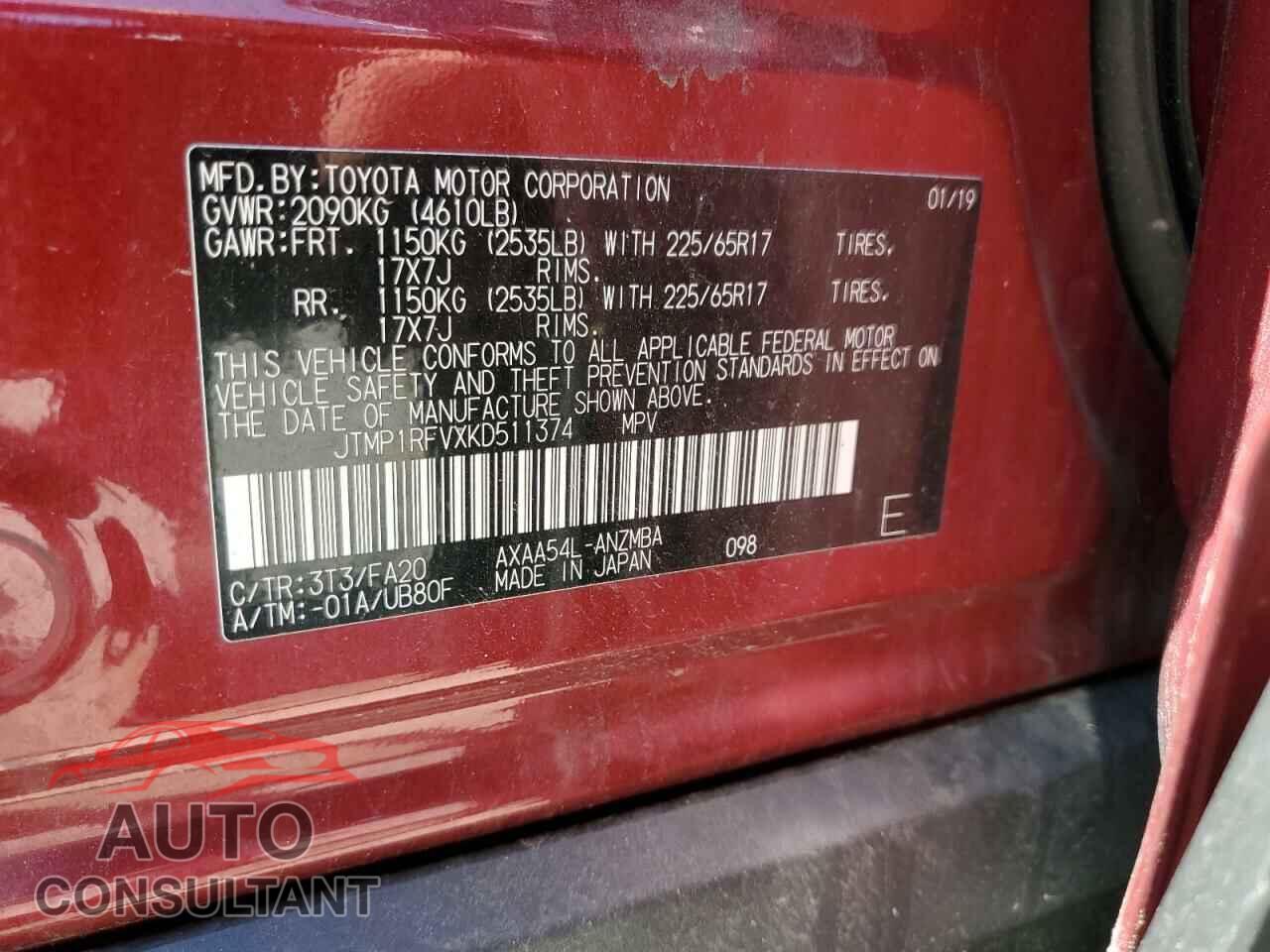 TOYOTA RAV4 2019 - JTMP1RFVXKD511374