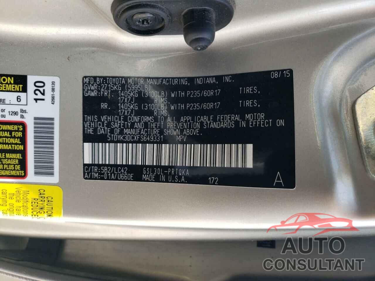 TOYOTA All Models 2015 - 5TDYK3DCXFS649331