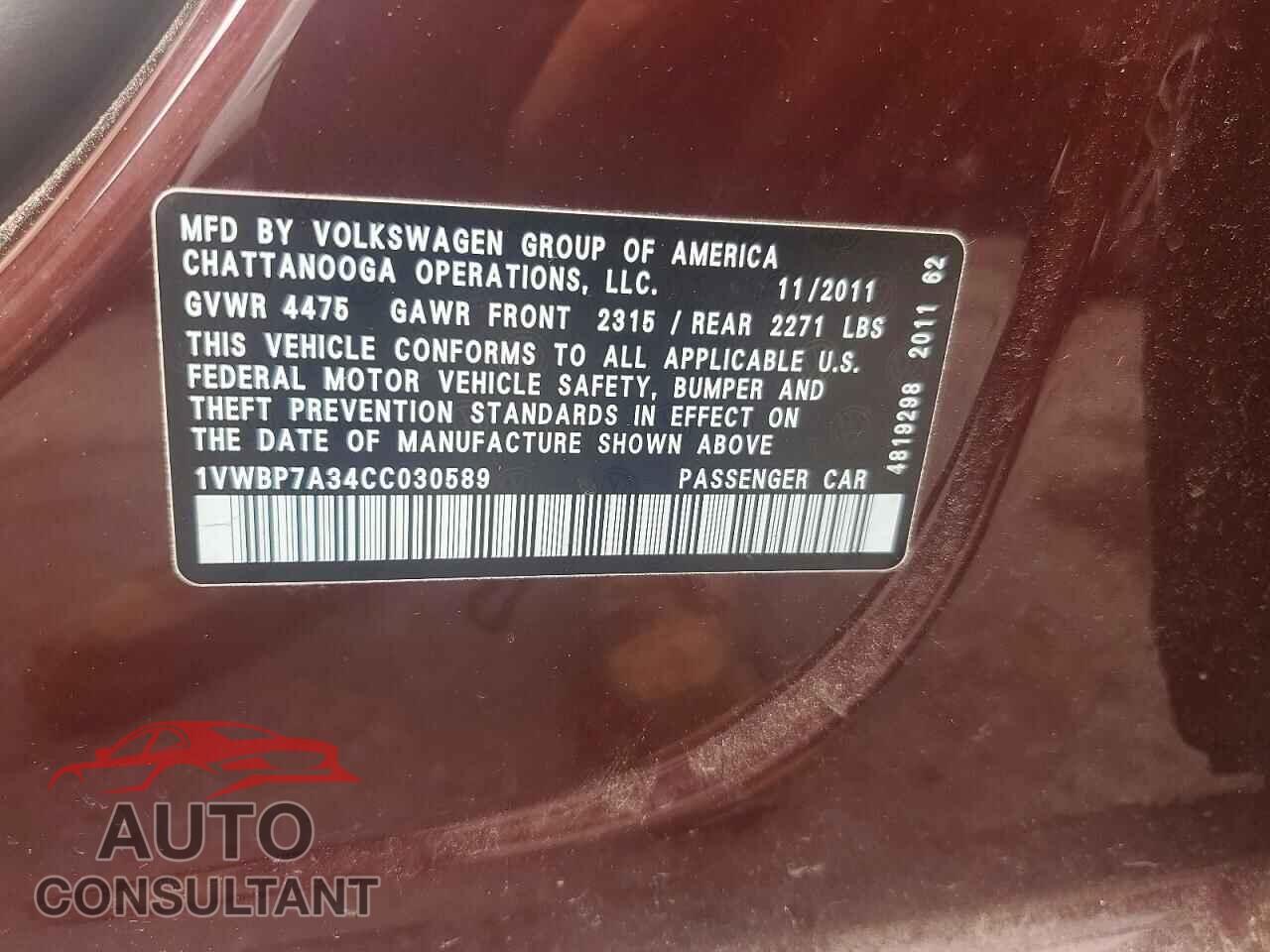 VOLKSWAGEN PASSAT 2012 - 1VWBP7A34CC030589