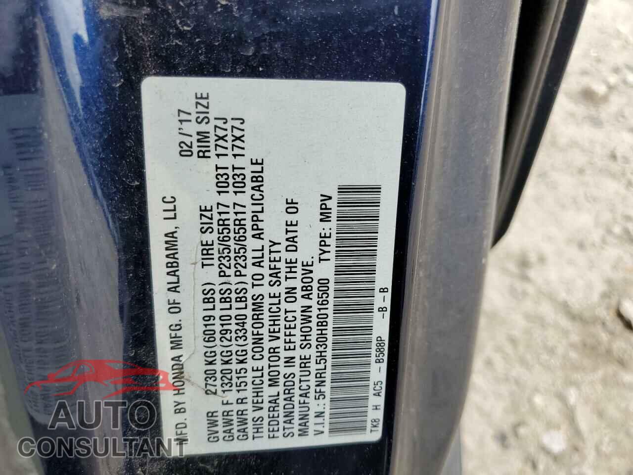 HONDA ODYSSEY 2017 - 5FNRL5H30HB016500