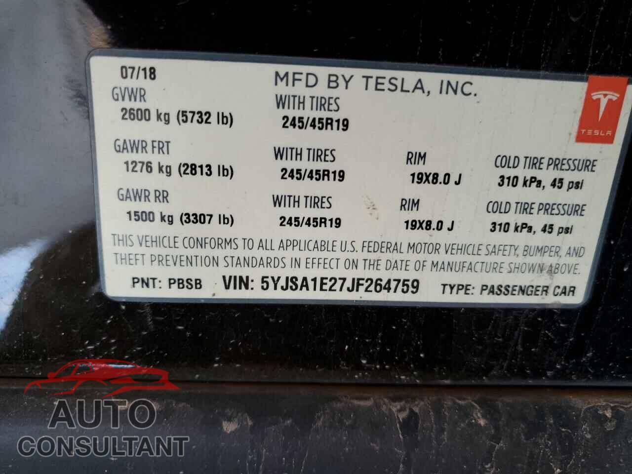 TESLA MODEL S 2018 - 5YJSA1E27JF264759