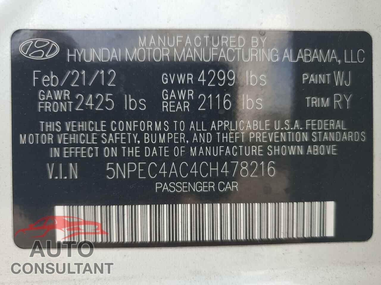HYUNDAI SONATA 2012 - 5NPEC4AC4CH478216