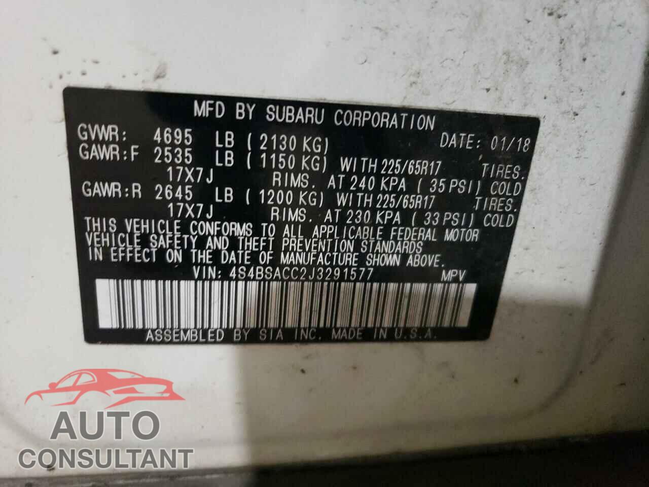 SUBARU OUTBACK 2018 - 4S4BSACC2J3291577