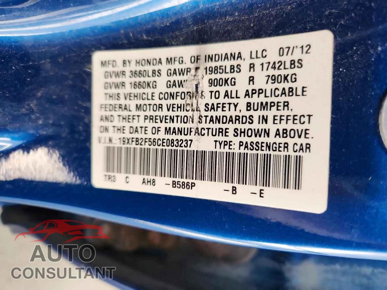 HONDA CIVIC 2012 - 19XFB2F56CE083237