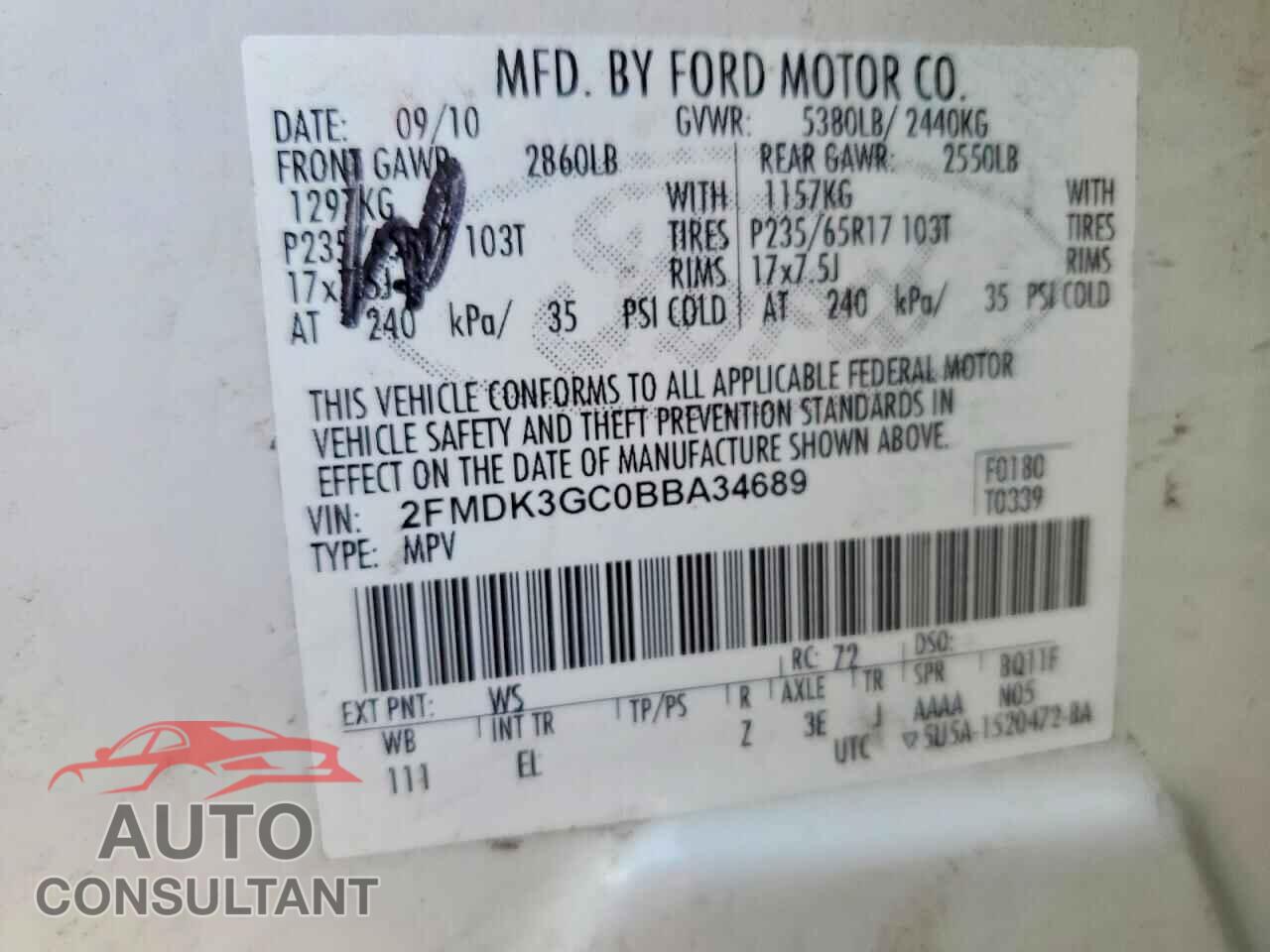 FORD EDGE 2011 - 2FMDK3GC0BBA34689