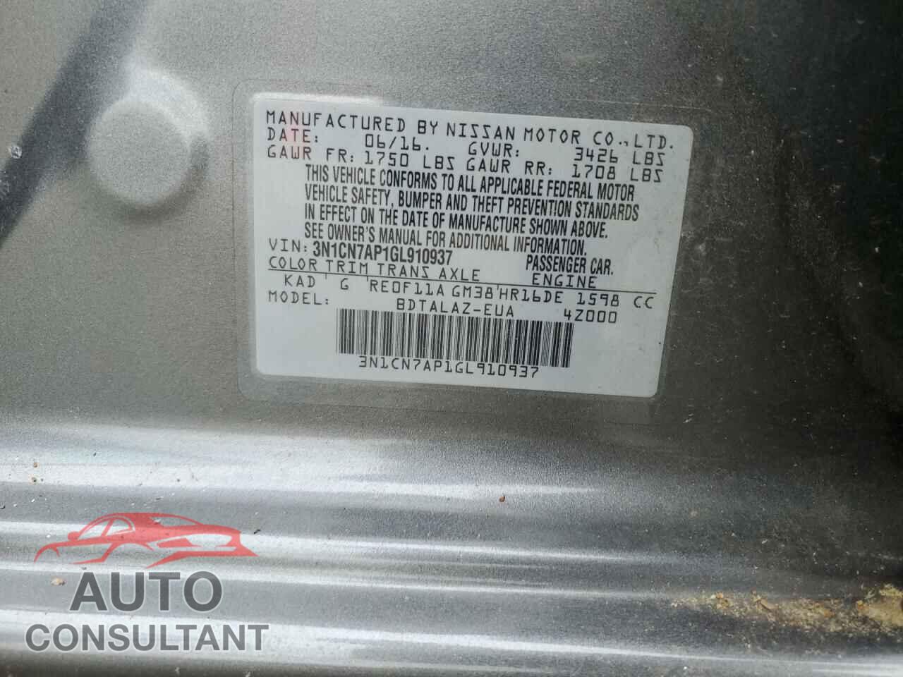 NISSAN VERSA 2016 - 3N1CN7AP1GL910937