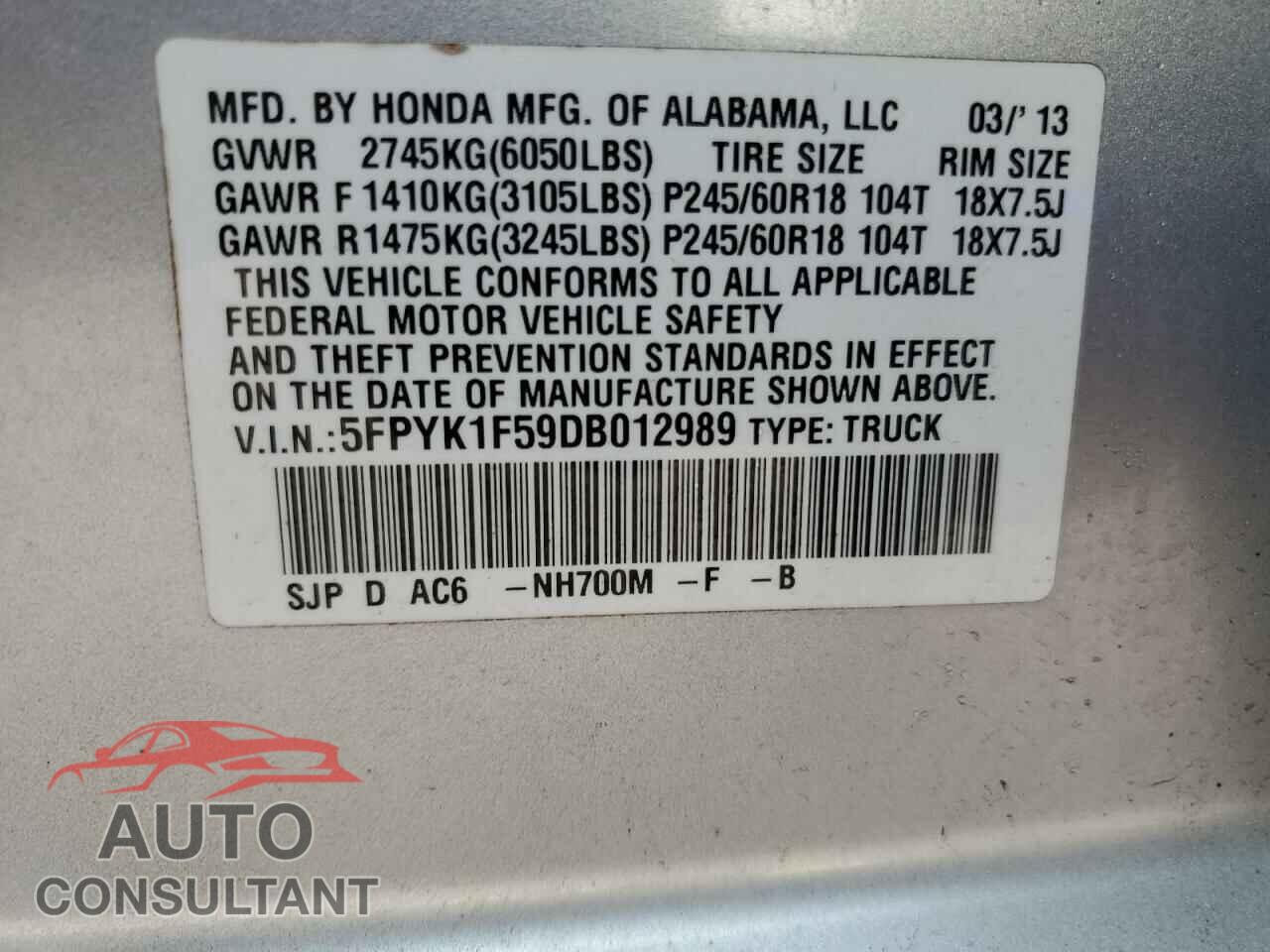 HONDA RIDGELINE 2013 - 5FPYK1F59DB012989