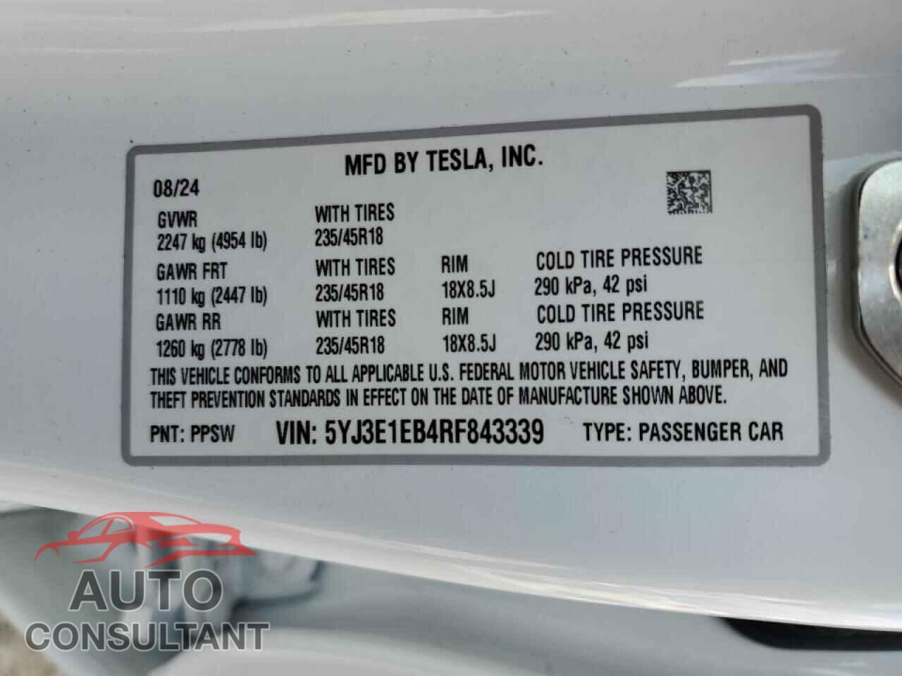 TESLA MODEL 3 2024 - 5YJ3E1EB4RF843339