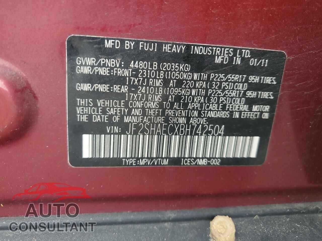 SUBARU FORESTER 2011 - JF2SHAECXBH742504