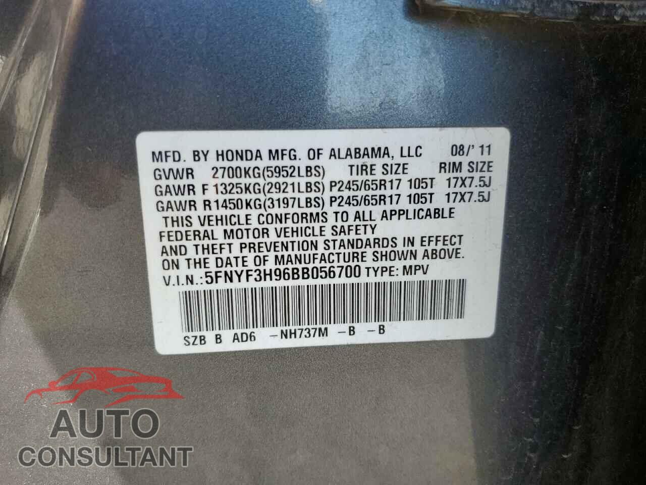 HONDA PILOT 2011 - 5FNYF3H96BB056700