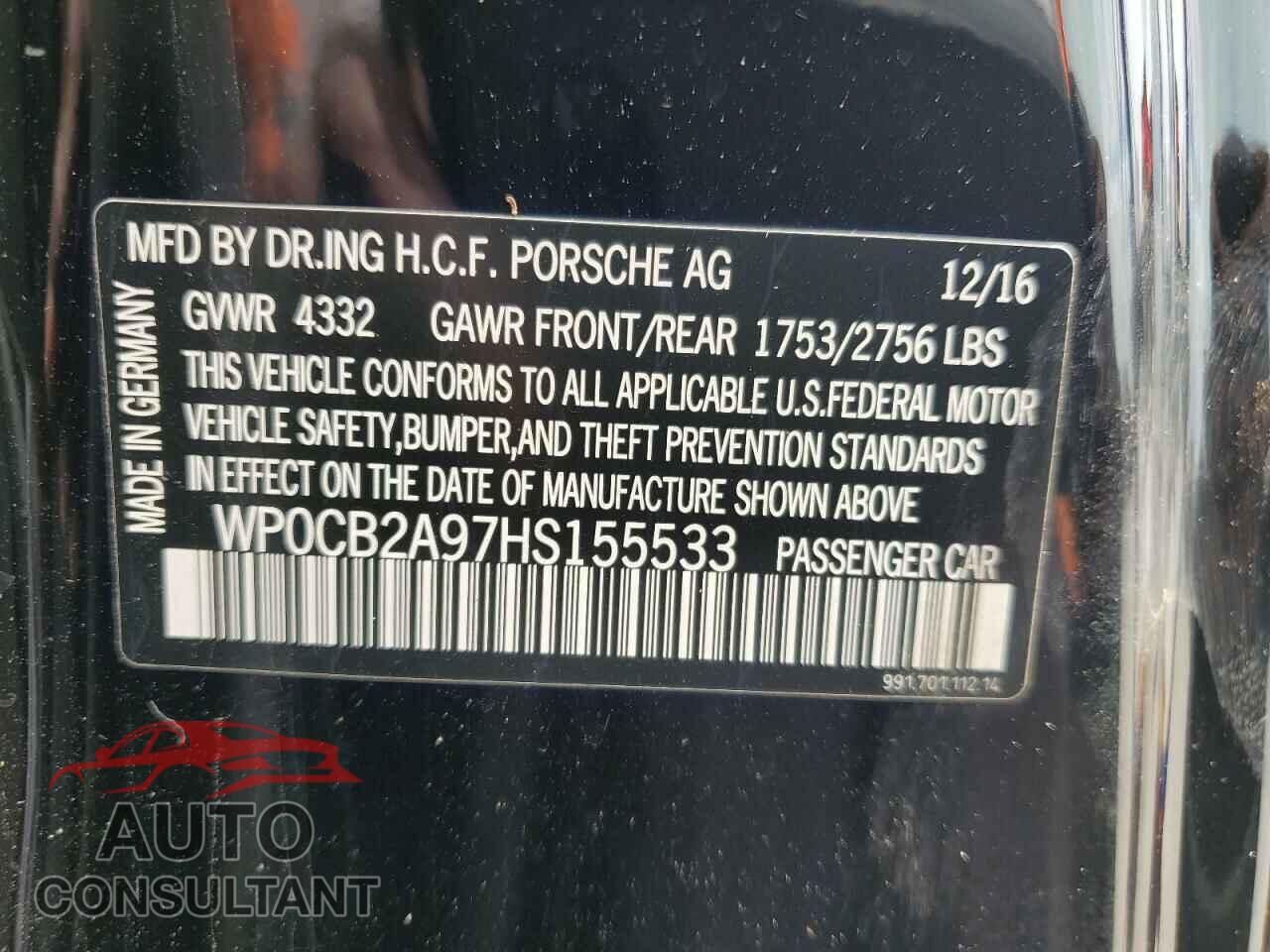 PORSCHE 911 2017 - WP0CB2A97HS155533