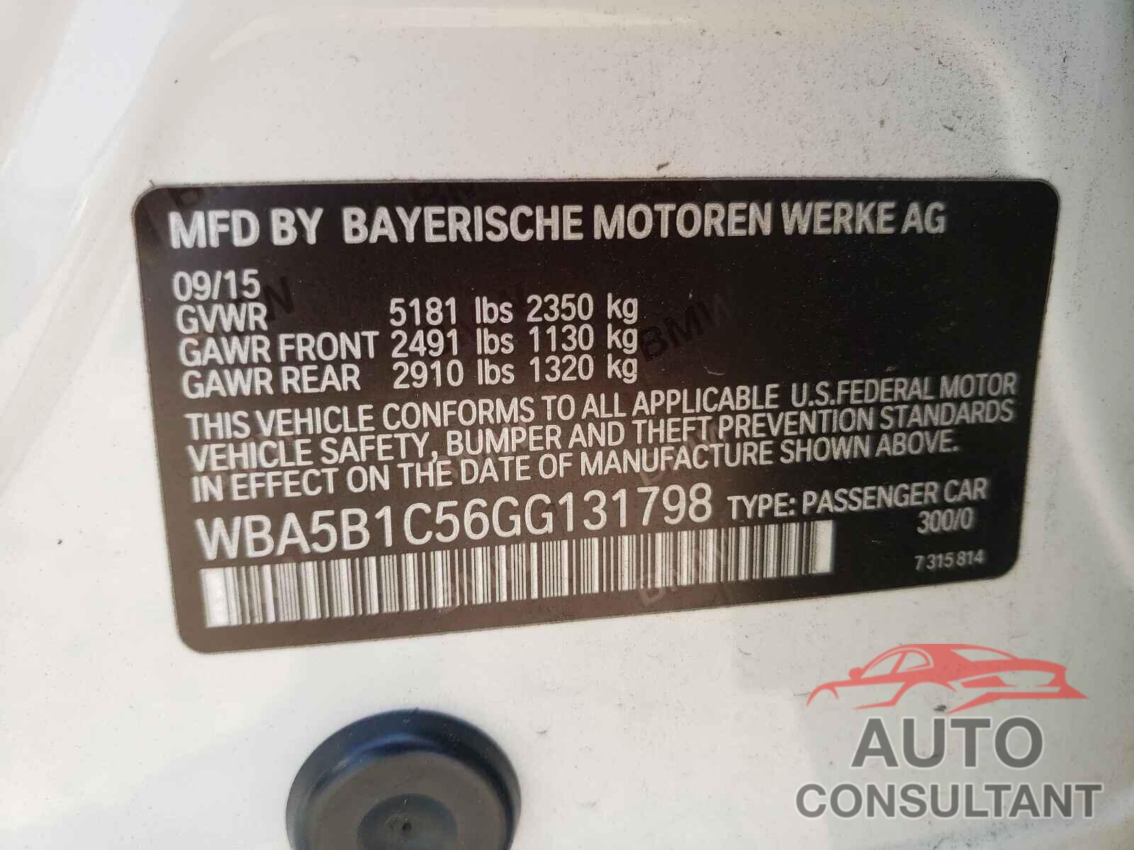 BMW 5 SERIES 2016 - WBA5B1C56GG131798